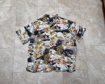 Vintage Lands End Hawaiihemd Palmen schwarz Rayon 90er Jahre