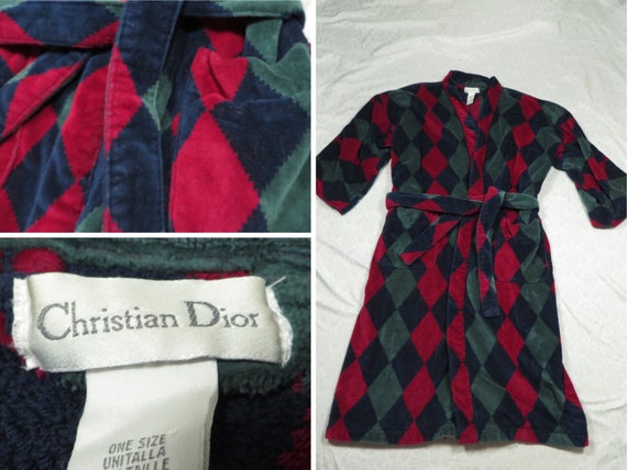 Peignoir Christian Dior vintage tissu ponge rouge vert motif bain