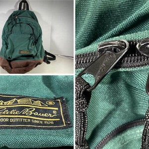 Vintage Eddie Bauer Backpack 90's Green Leather Bottom Nylon