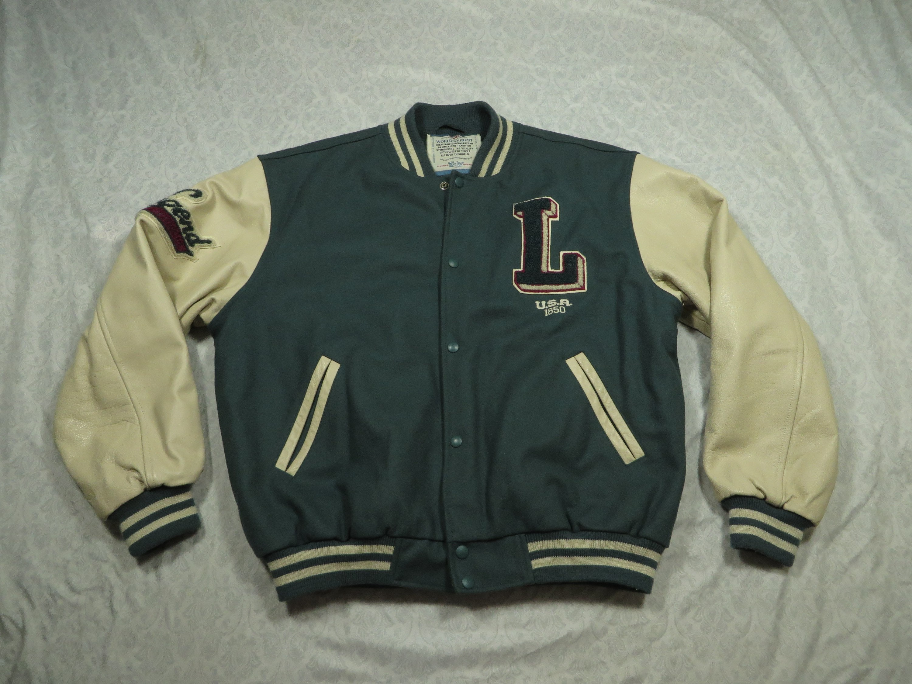 Vintage Levi's Varsity Jacket Green White Patches Chain Vintage Levi's Varsity Jacket Green White Patches Chain