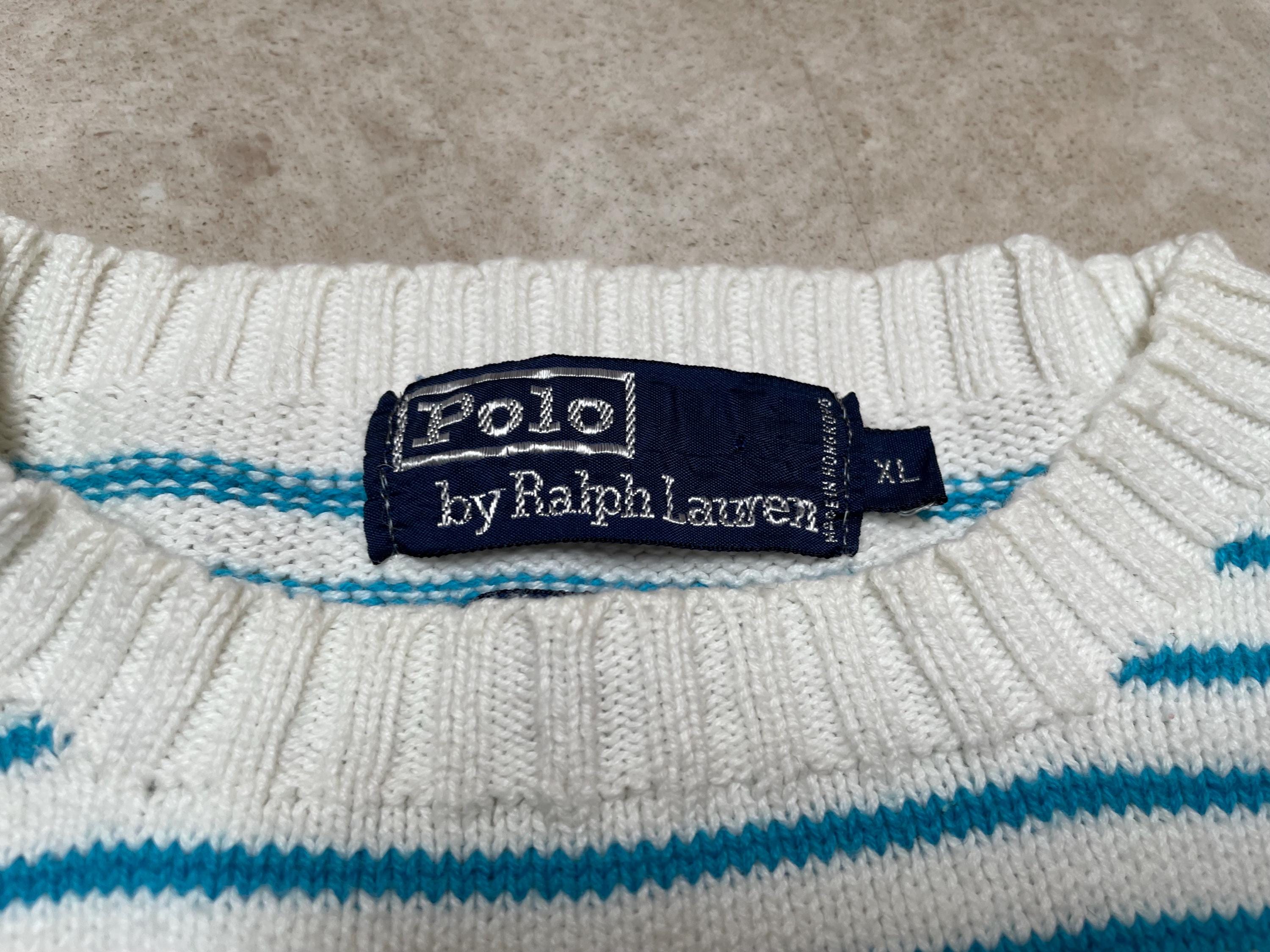 Vintage Polo Sweater White Blue Stripe Ralph Lauren Cotton