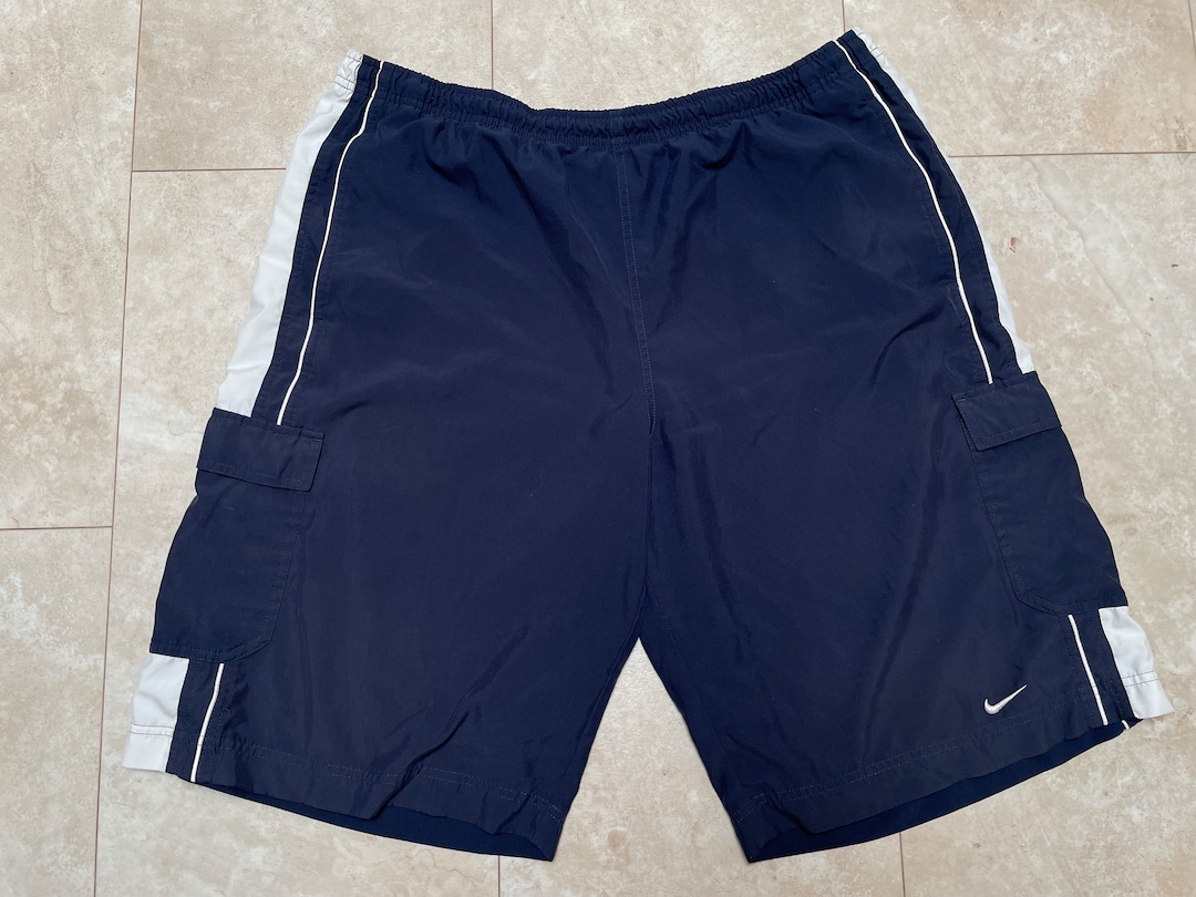 Vintage Nike Shorts Blue Baggy Cargo Pockets White Swoosh Y2K