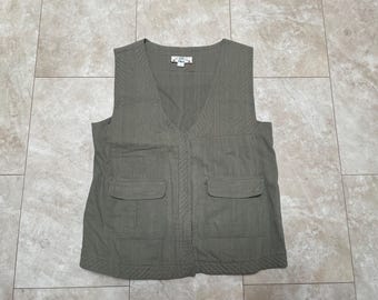 Vintage Orvis Vest Green Pockets Floral Stitching 90's Women's Large
