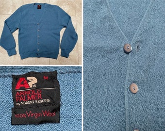 Vintage Arnold Palmer Cardigan Sweater Wool Robert Bruce Blue Knit 80's Men's Medium Union Made in USA