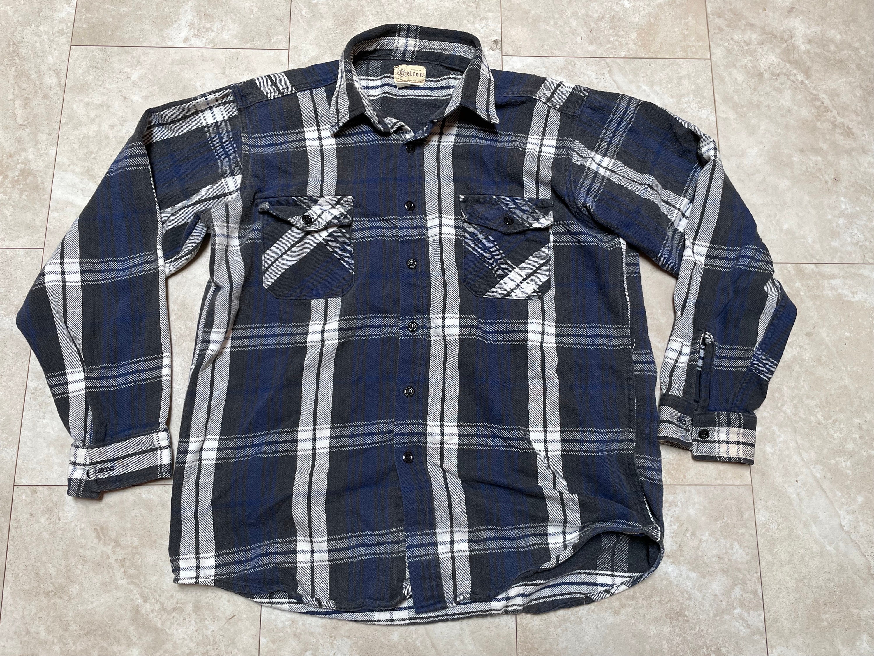 Vintage Melton Flannel Shirt Plaid Blue Black Wintermaster 80 