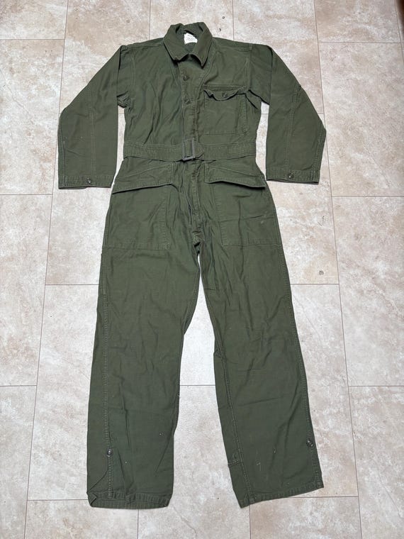 Vintage Sateen Coveralls: Green Military Jumpsuit Made in USA