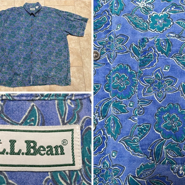 Vintage L.L.Bean Shirt Blue Green Floral Print Button Down Short Sleeve 90's Men's Oversized XL Made in Canada