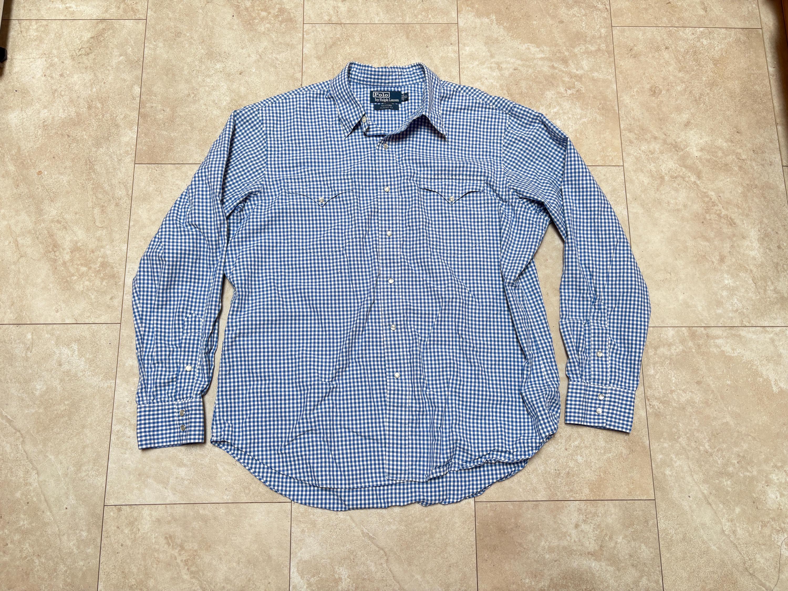 Vintage Polo Western Shirt: Blue Gingham Plaid, Pearl Snap - Men's