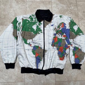 Vintage Kuckenbecker Koats Weltkarte Bomberjacke 80er Print 80er Jahre Herren XL Made in USA