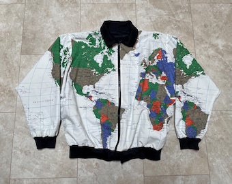 Vintage World Map Print Bomber Jacket 80s - Kuckenbecker Koats XL
