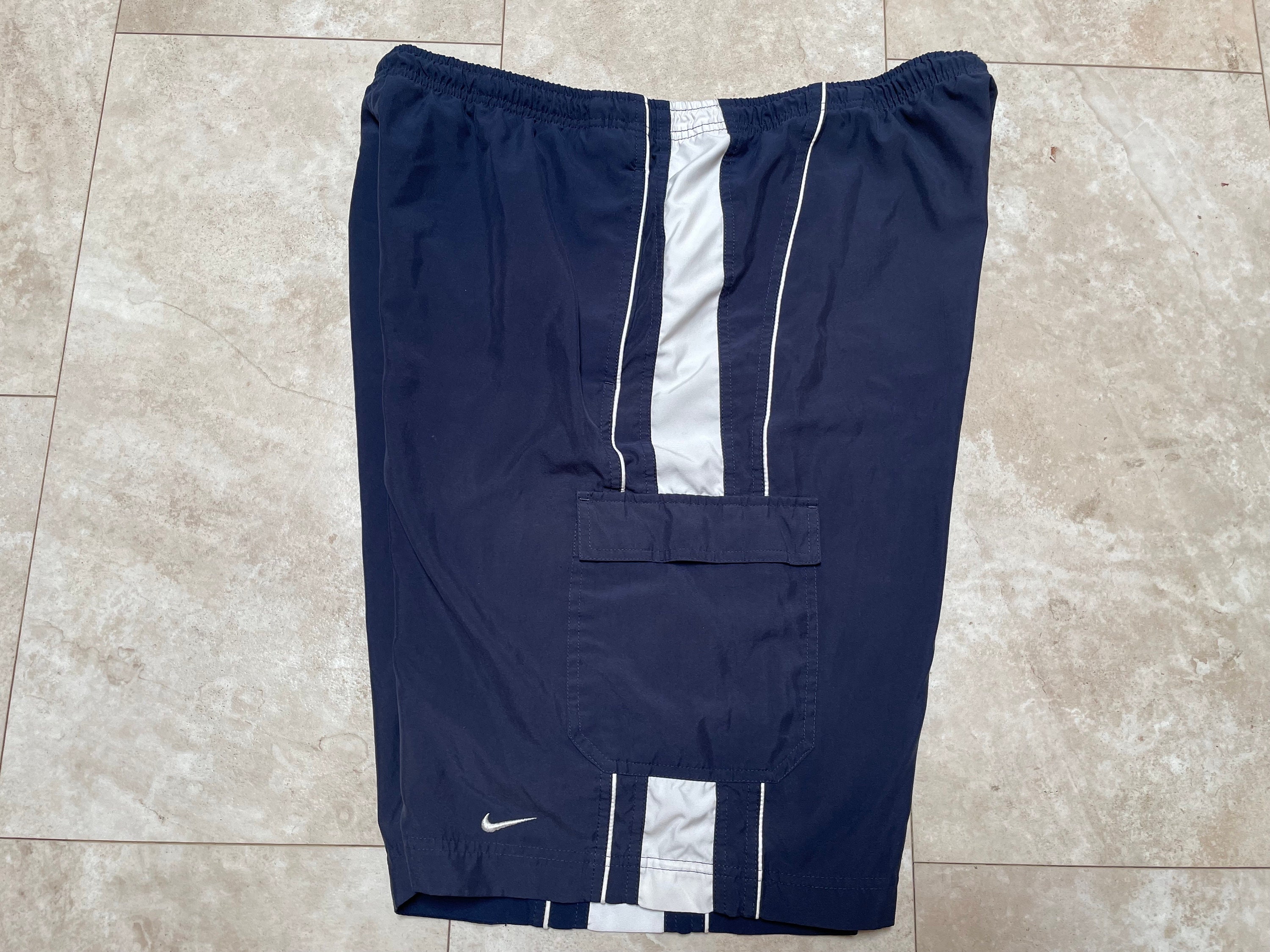 Vintage Nike Shorts Blue Baggy Cargo Pockets White Swoosh Y2K