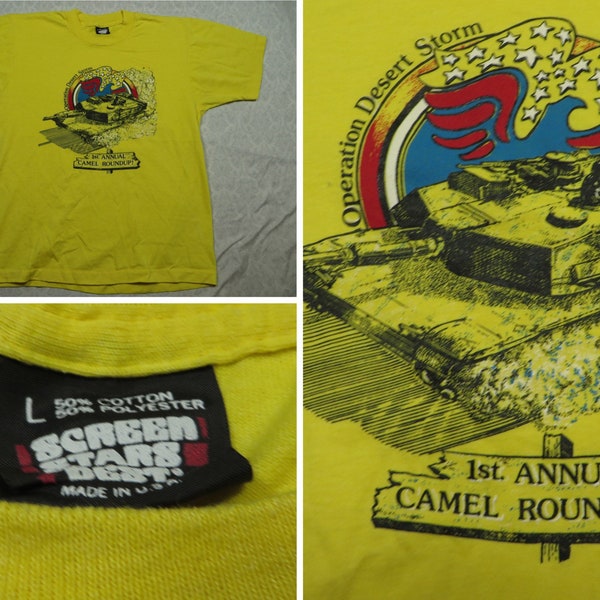 Vintage Desert Storm Tee Shirt Yellow Camel Roundup Screen Stars 90's Men's Large fits like Medium Made in USA