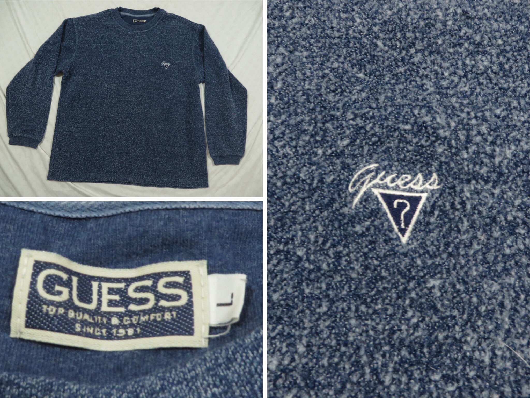 Vintage Guess Sweatshirt Blue Fuzzy Embroidered Logo Pullover 90's Men's Large Made in USA