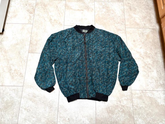 Vintage Robert Stock Jacket Silk Bomber Blue Green Print 90's
