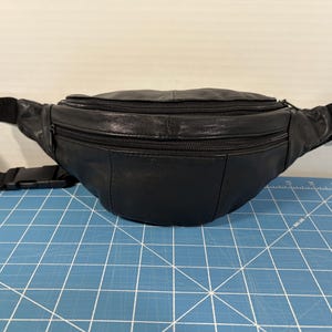 May include: Black leather fanny pack with two zippered compartments. The adjustable black strap has a plastic buckle. The fanny pack is on a blue grid surface.