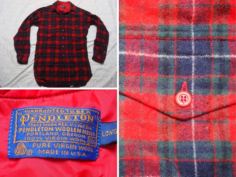 Vintage Men/'s 60/'s Pendleton Shirt Tartan Red Green Blue Plaid Wool Long Sleeve Buttonup Large 15.5 Long Made in USA