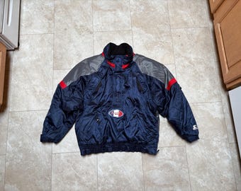 Chaqueta Starter vintage de los Braves, acolchada con capucha, azul gris, Atlanta, años 90, talla M para hombre, oversize.