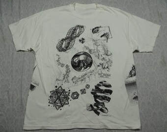 Vintage M.C. Escher Tee Shirt White Art Allover Print Single Stitch 90’s  Men’s XL Made in USA