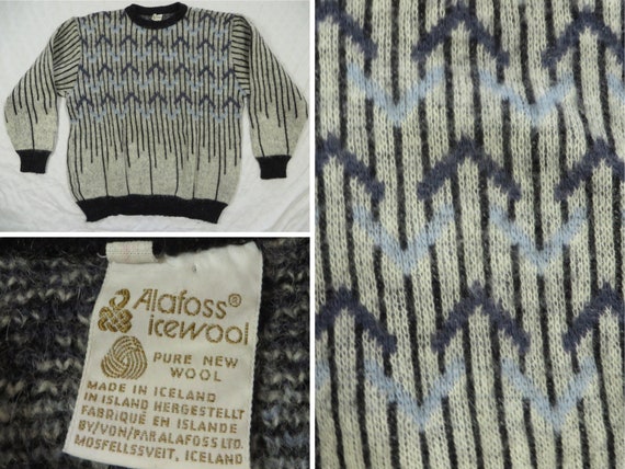 Vintage Alafoss Icewool Sweater Wool Blue Grey Pa… - image 1
