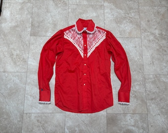 Vintage Rockmount Ranch Wear Western Shirt: Red Lace Pearl Snap, Women's Large