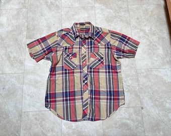 Camicia vintage Outlaw Western: scozzese marrone rosso, bottoni automatici in madreperla, stile anni '80