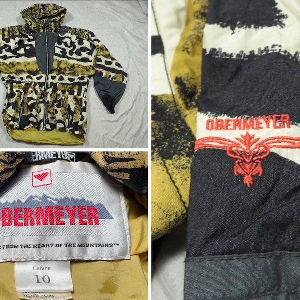 Vintage Obermeyer Ski Jacket Yellow Black Animal Print 90’s Women’s size 10