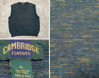 Vintage Cambridge Classics Sweater Vest Green Blue Knit Vneck 90's Men's XL Made in Italy