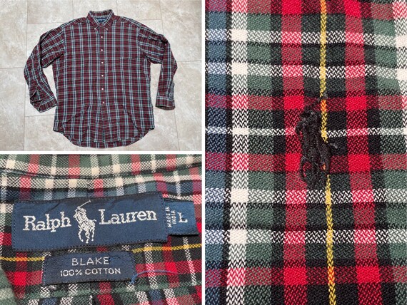 Vintage Ralph Lauren Green & Red Plaid Cotton Button Down Long