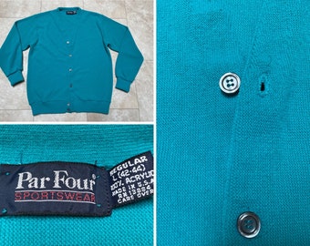 Pull cardigan Par Four vintage bleu vert en tricot des années 90 pour hommes grand Made in USA