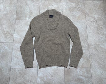 Vintage Bernette Pullover Schalkragen Grau Braun Wolle 80er Jahre Herren Medium Made in USA
