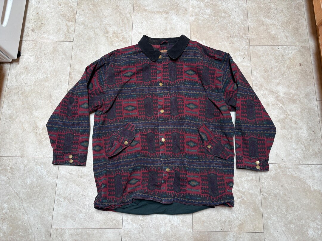 ジャケット・アウター old supreme red built woolrich chorecoat Vintage Woolrich Chore Coat: Tribal Red Print Jacket, Men's XL
