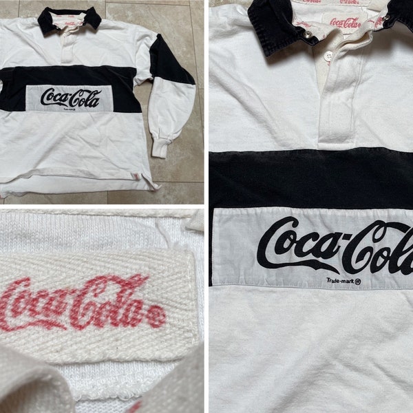 Vintage Coca Cola Rugby Shirt White Black 90's Small