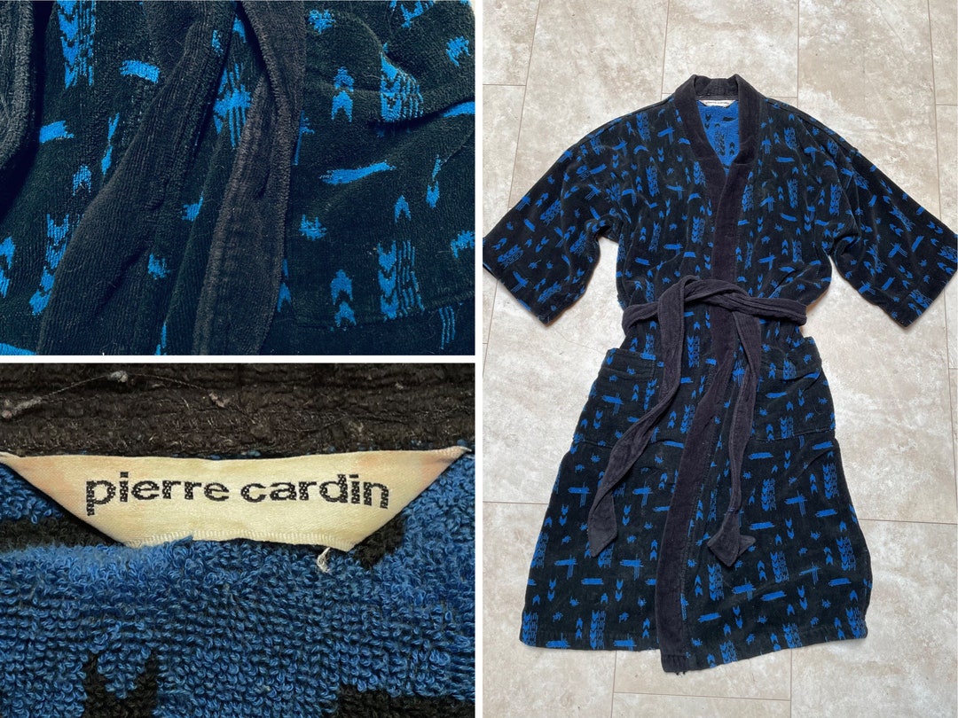 Vintage Pierre Cardin Robe Black Blue Print Terry Cloth Bath Plush 90's