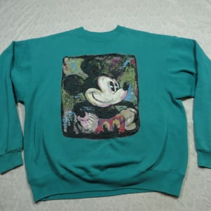 Vintage Mickey Mouse Sweatshirt Green Painting Portrait Crewneck 90&#39;s Large