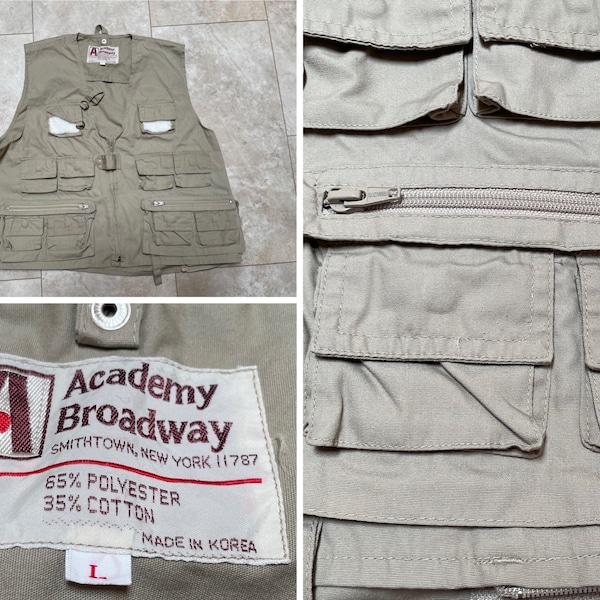 Vintage Academy Broadway Vest Hunting Fishing Tan Khaki Zip Up Pockets 90's Men's Large