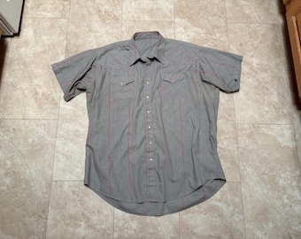 Camicia vintage western: bottoni automatici con perle a righe rosse grigie, taglia XXXL da uomo