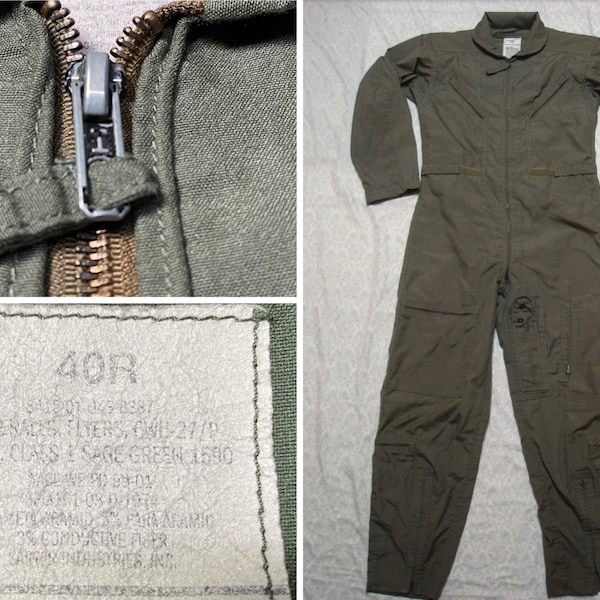 Vintage Flight Suit Military Issue Air Force 27/P Sage Green Top Gun Summer Jumpsuit 40 Regular Medium Made in USA