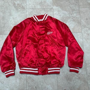 Vintage Coca Cola Jacket Satin Varsity Bomber Red Snaps 90’s Men’s Medium Made in USA