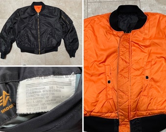 Vintage MA-1 Alpha Industries Flight Jacket Black Bomber Flyer's Orange Military XL Made in USA