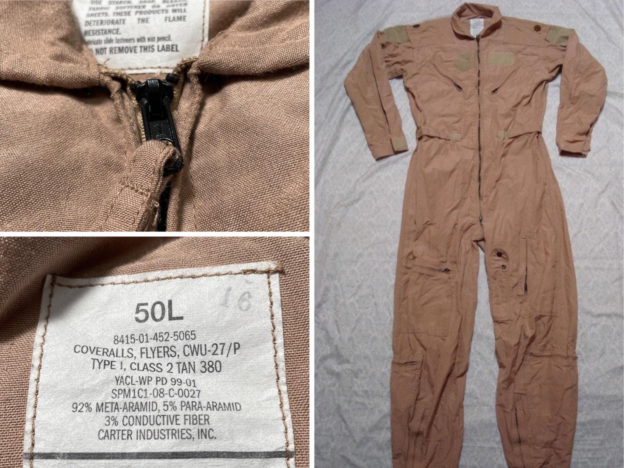 Vintage Flight Suit Coyote 27/P Military Issue Air Force Tan Desert Top Gun  Jumpsuit 50 Long XXL Made in USA 