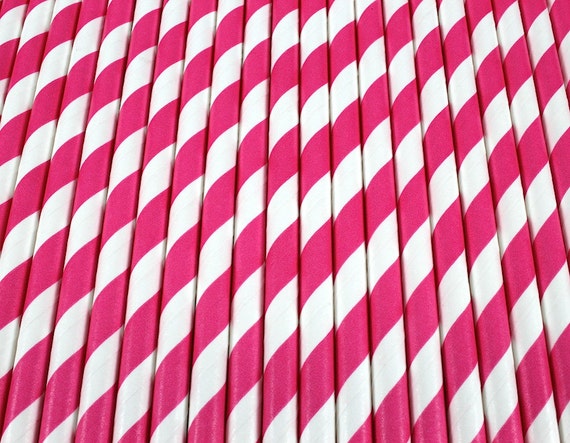 25 Hot Pink and White Diagonal Stripe Paper Drinking Straws | Etsy