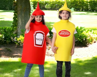 Disfraces de ketchup/mostaza amarilla unisex para niños, disfraz de condimento divertido, disfraz divertido de Halloween, cosplay elegante, disfraz de grupo, actividad escolar