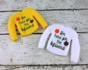 Thanksgiving Christmas Elf Sweater, Fall Leaves Elf Sweater, Here for Leftovers Thanksgiving Christmas Elf Sweater, 12 inch Doll Sweater