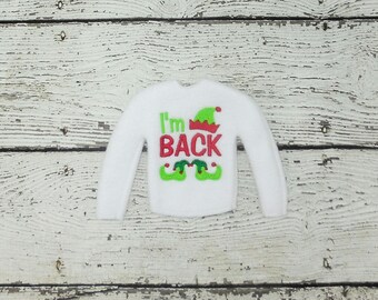Handcrafted I'm Back Christmas Elf Doll Sweater Outfit – Festive Holiday Decoration for Santa's Helper