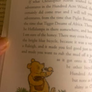 Pode incluir: Um urso de desenho animado amarelo vestindo uma camisa vermelha e segurando um pote de mel. O urso est&aacute; sentado em um peda&ccedil;o de grama verde. O texto na imagem diz: "Se o que Christopher Robin desejava para aventuras na Floresta dos Cem Acres, o certamente se tornou realidade e eu vou te contar aventuras, desde o momento em que Porquinho se tornou o momento em que Tigger sonhou com a &Aacute;frica. H&aacute; Heffalumps por a&iacute; em algum lugar, e mel, tenho certeza. Pode haver at&eacute; um a bicicleta azul brilhante, porque era um muito um Raleigh, e te fazia sentir bem s&oacute; para e te fazia querer esfregar a lama dela justo quando subia nela. H&aacute; outras bicicletas Cem Acres mas nenhuma &eacute; t&atilde;o brilhante quanto a de Christopher Robin e mais orgulhosa do que"