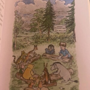 Pode incluir: Uma ilustra&ccedil;&atilde;o em aquarela de Winnie the Pooh e seus amigos participando de um "Grande Concurso de Ortografia" na Floresta dos Cem Acres. A placa diz "Grande Concurso de Ortografia Bem-vindos a todos".