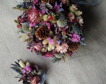 bridal bouquet with dark mauve magenta Woodland wedding country bouquet rustic dried flowers bouquet farm out door wedding bouquet