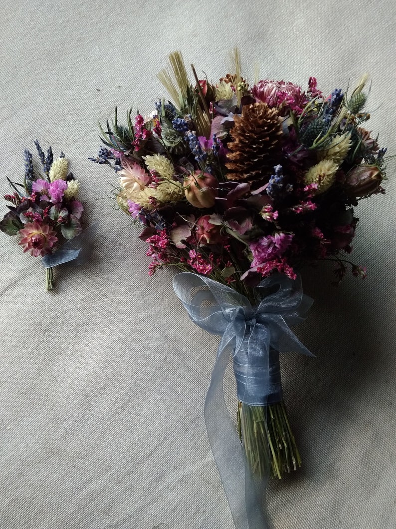 bridal bouquet with dark mauve magenta Woodland wedding country bouquet rustic dried flowers bouquet farm out door wedding bouquet