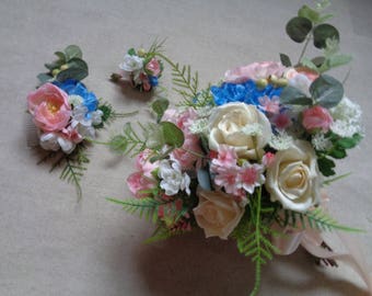 Wedding silk flower cream blue white light pink bridal bouquet set with matching boutonniere and comb