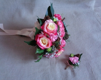 SALE - rustic winter alternative wedding bridal bouquet and boutonniere with silk flower pine cone and dried materials woodland bouquet